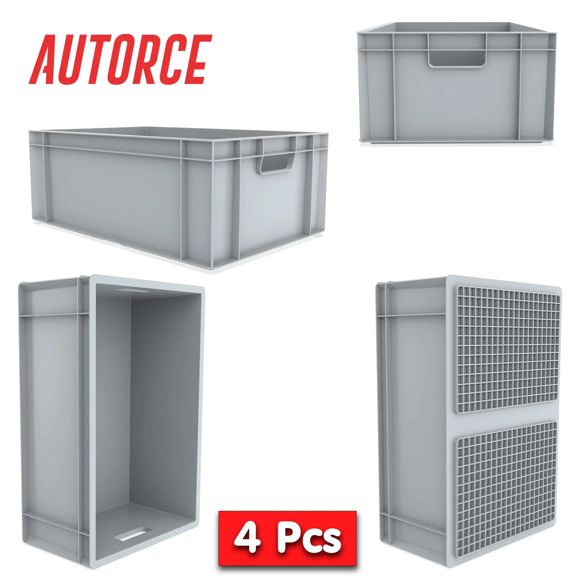 4x 46 Lt Industrial Plastic Storage Euro Crate Box (400x600x230mm) Grey | AUTORCE