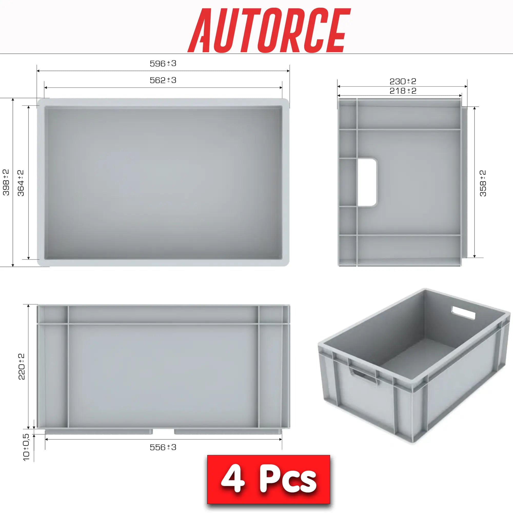 4x 46 Lt Industrial Plastic Storage Euro Crate Box (400x600x230mm) Grey | AUTORCE