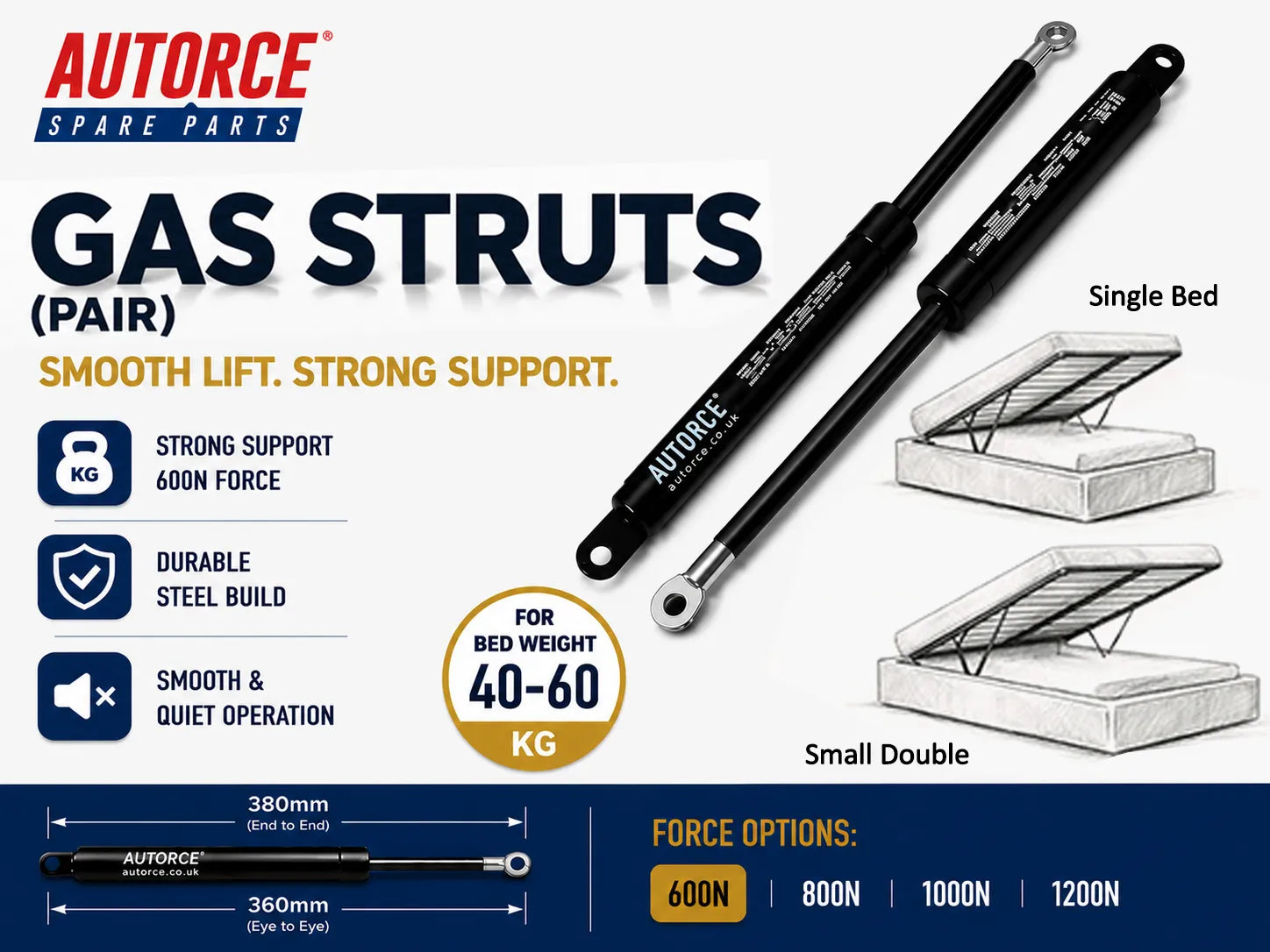 600N Matched Pair Gas Struts for single-size Ottoman Beds – Heavy Duty Lift Supports for 40–60kg Bed Base and Mattress Systems, Smooth and Reliable Opening Mechanism