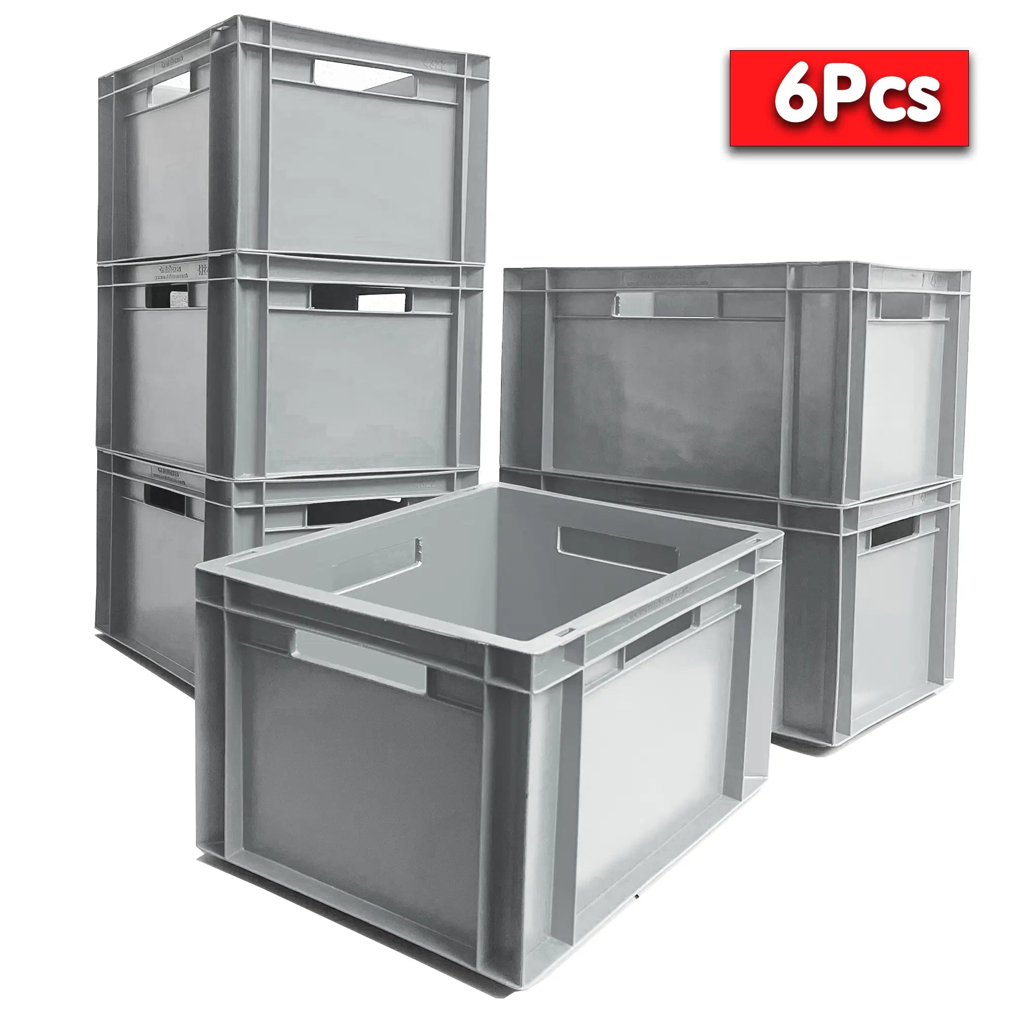 6x 20L Industrial Plastic Storage Euro Crate Box (300x400x230mm) Grey | AUTORCE