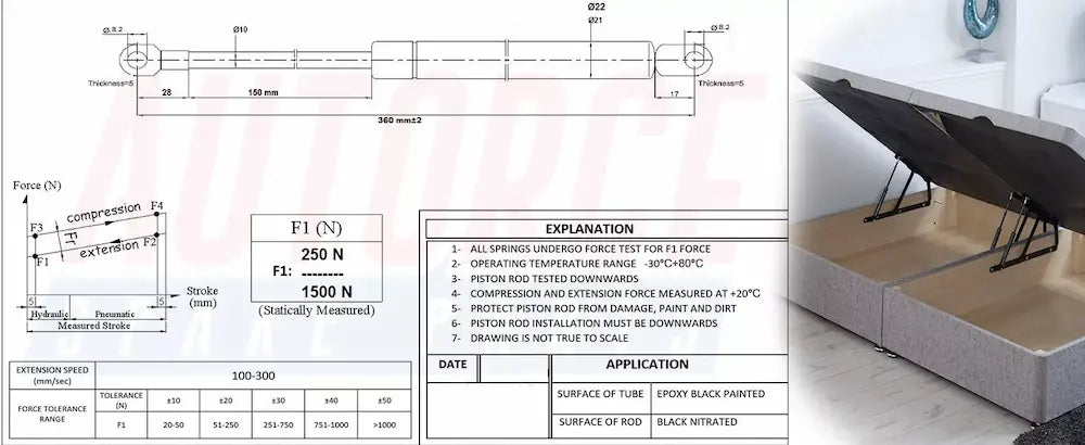 2X Ottoman Bed Lift Up Mechanism and Gas Spring Strut 600N, 800N, 1000N, 1200N