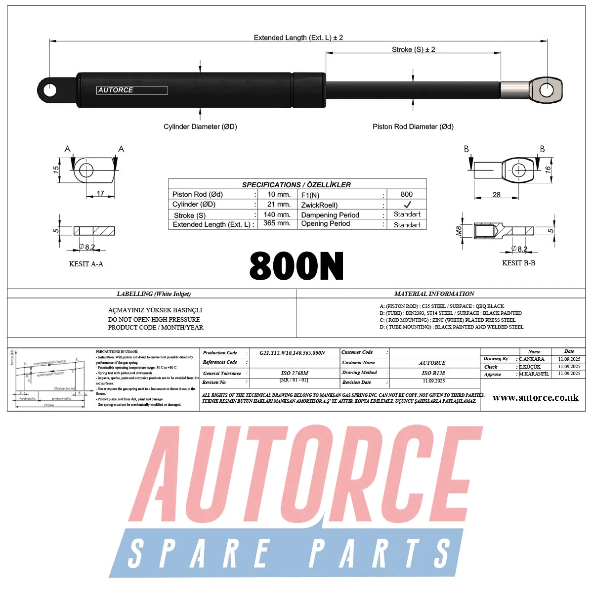 800N gas strut set for double and queen size ottoman beds - 60-80kg load capacity