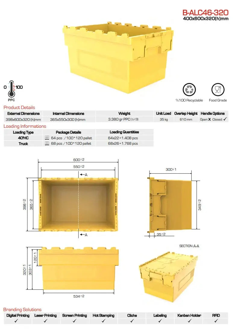 60 Litre Attached Lid Industrial Storage Box (400x600x320mm)