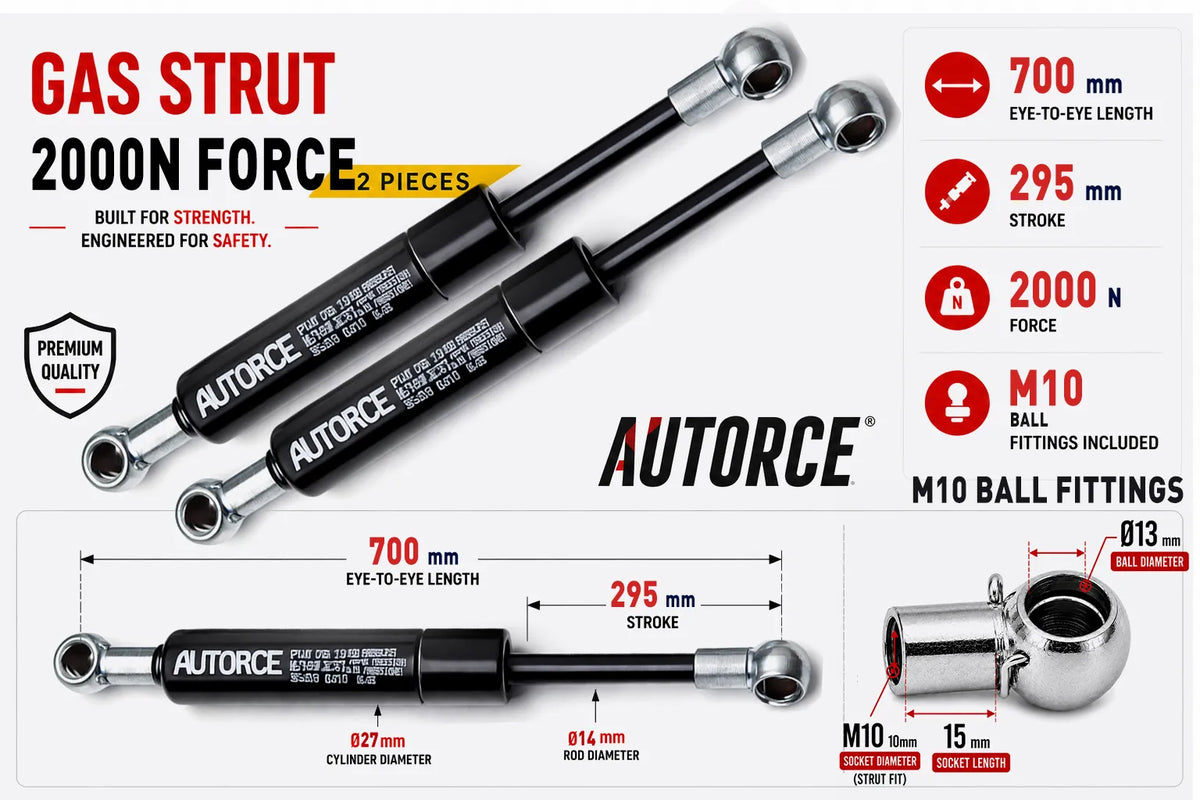 AUTORCE 2000N M10 Ball  Gas Spring Pair with 700mm Open Length for Reliable Lift Support