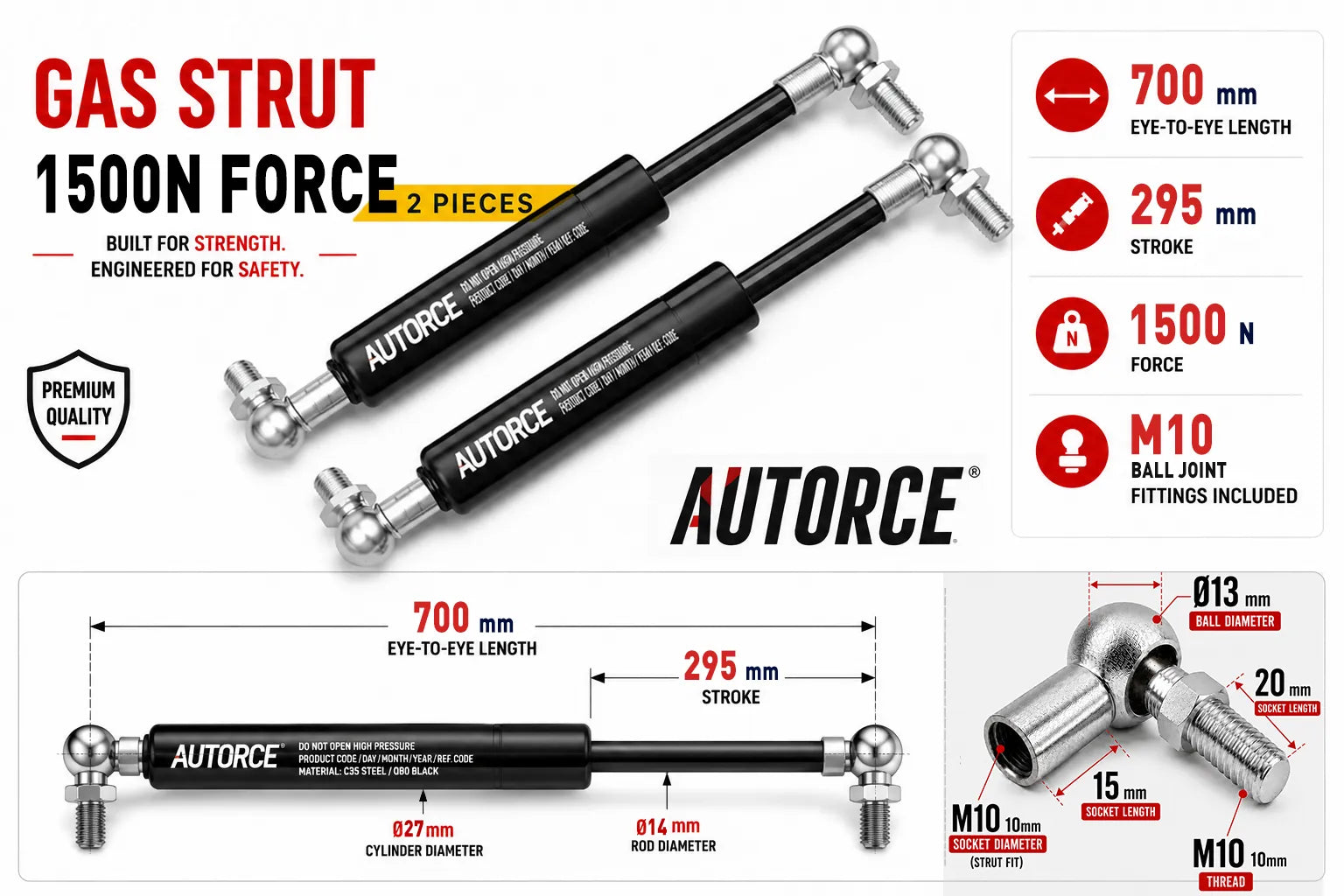 AUTORCE 1500N M10 Ball Joint Gas Spring Pair with 700mm Open Length for Reliable Lift Support