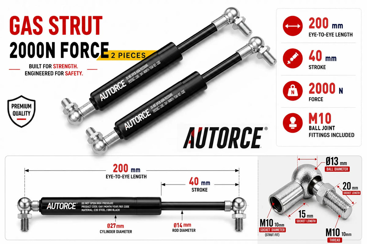AUTORCE 2000N M10 Ball Joint Gas Spring Pair with 200mm Open Length for Reliable Lift Support