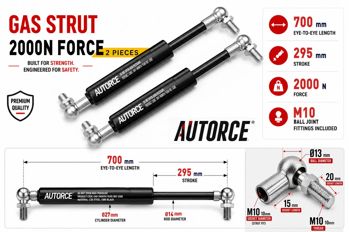 AUTORCE 2000N M10 Ball Joint Gas Spring Pair with 700mm Open Length for Reliable Lift Support