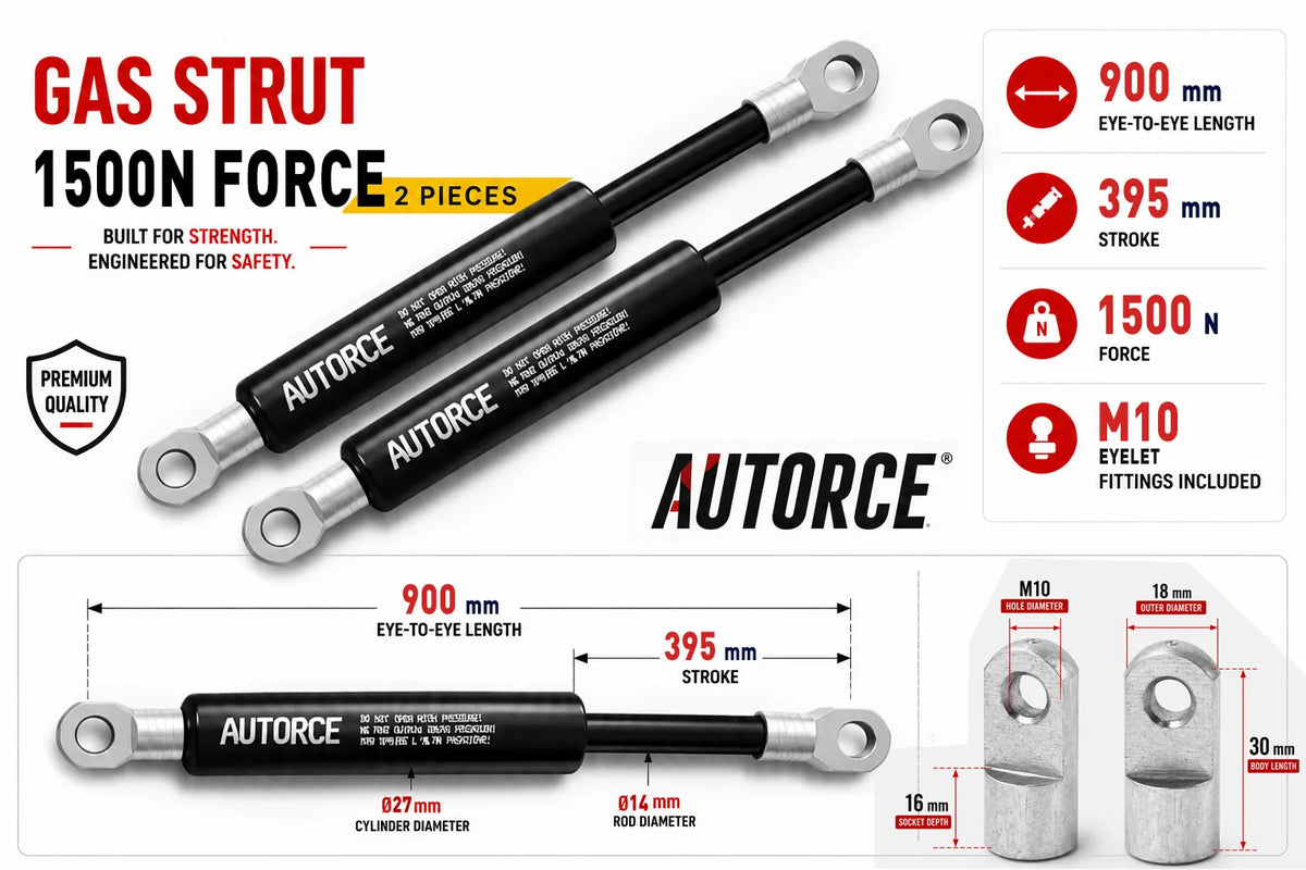 AUTORCE 1500N M10 Eyelet Gas Spring Pair with 900mm Open Length for Reliable Lift Support