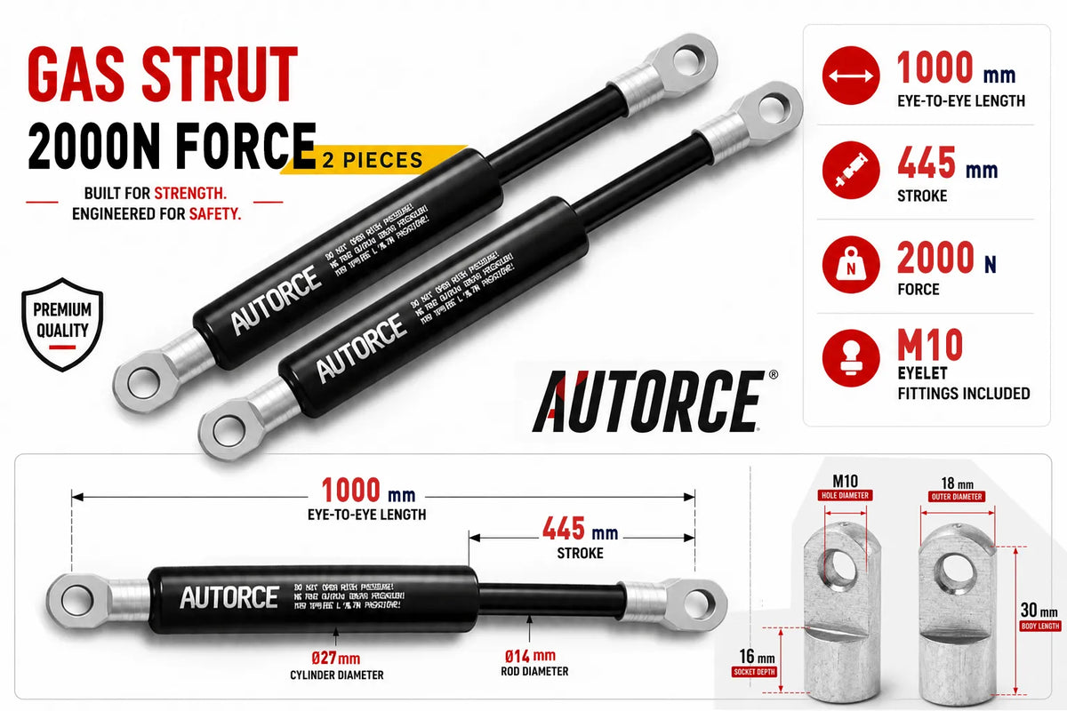 AUTORCE 2000N M10 Eyelet Gas Spring Pair with 1000mm Open Length for Reliable Lift Support