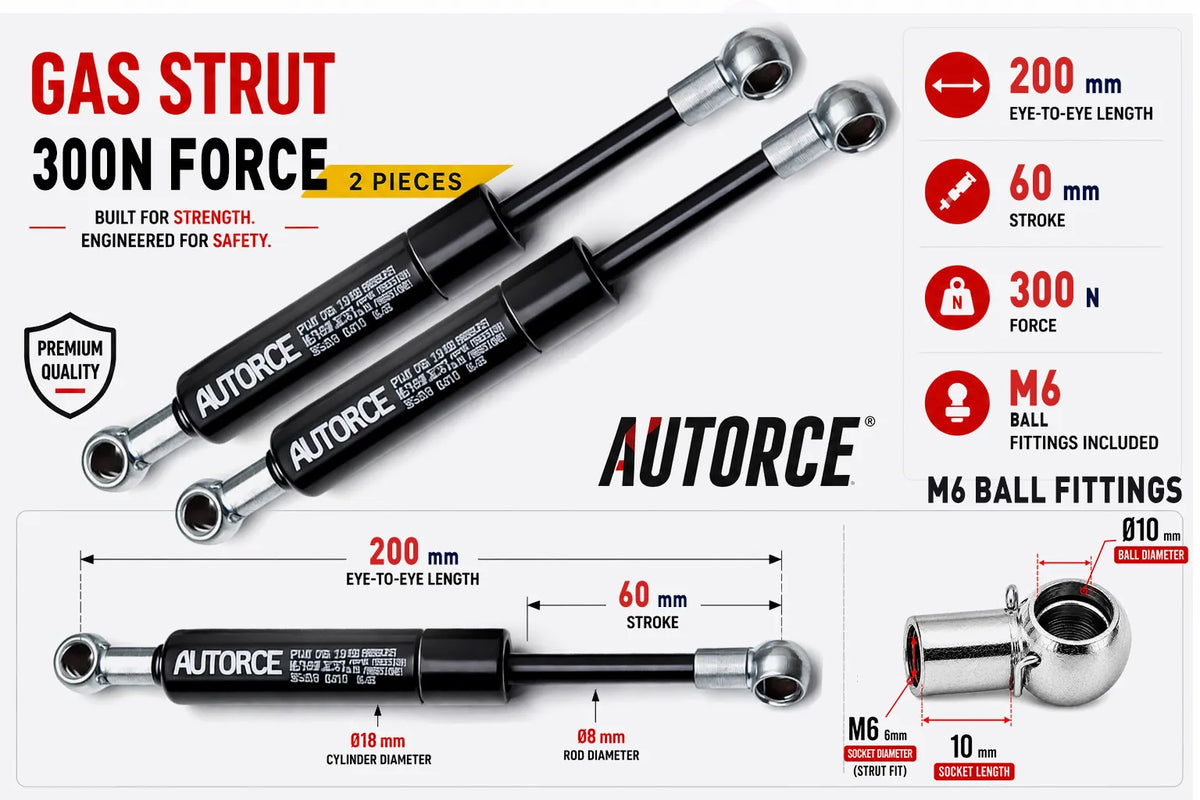 AUTORCE 200N M6 Ball Gas Spring Pair with 200mm Open Length for Reliable Lift Support