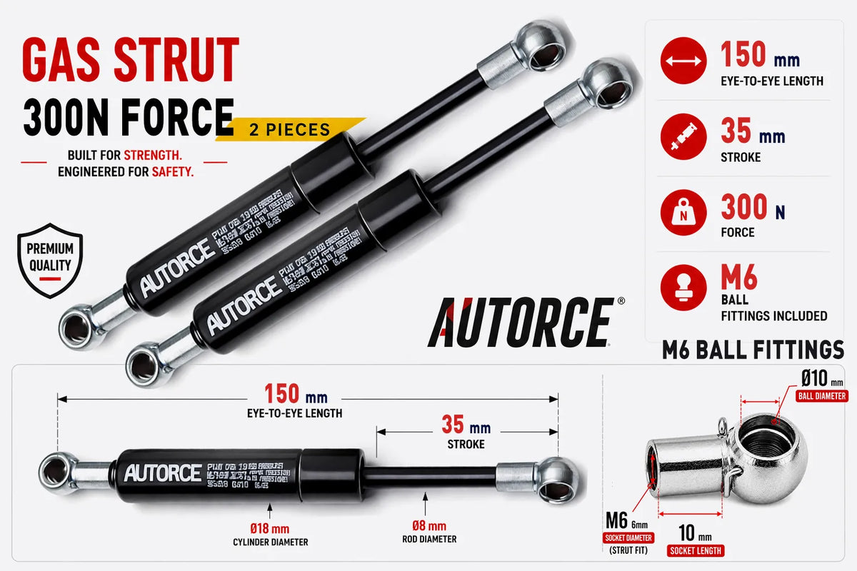 AUTORCE 300N M6 Ball Gas Spring Pair with 150mm Open Length for Reliable Lift Support