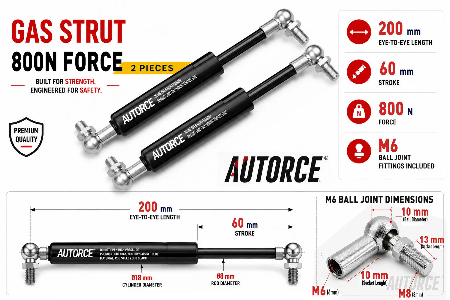 AUTORCE 800N M6 Ball Joint Gas Spring Pair with 200mm Open Length for Reliable Lift Support