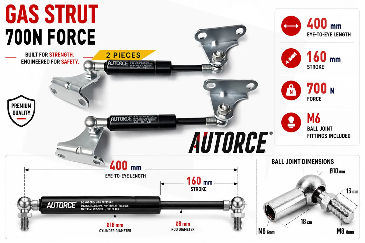 AUTORCE 700N M6 Ball Joint With Bracket Gas Spring Pair with 400mm Open Length for Reliable Lift Support