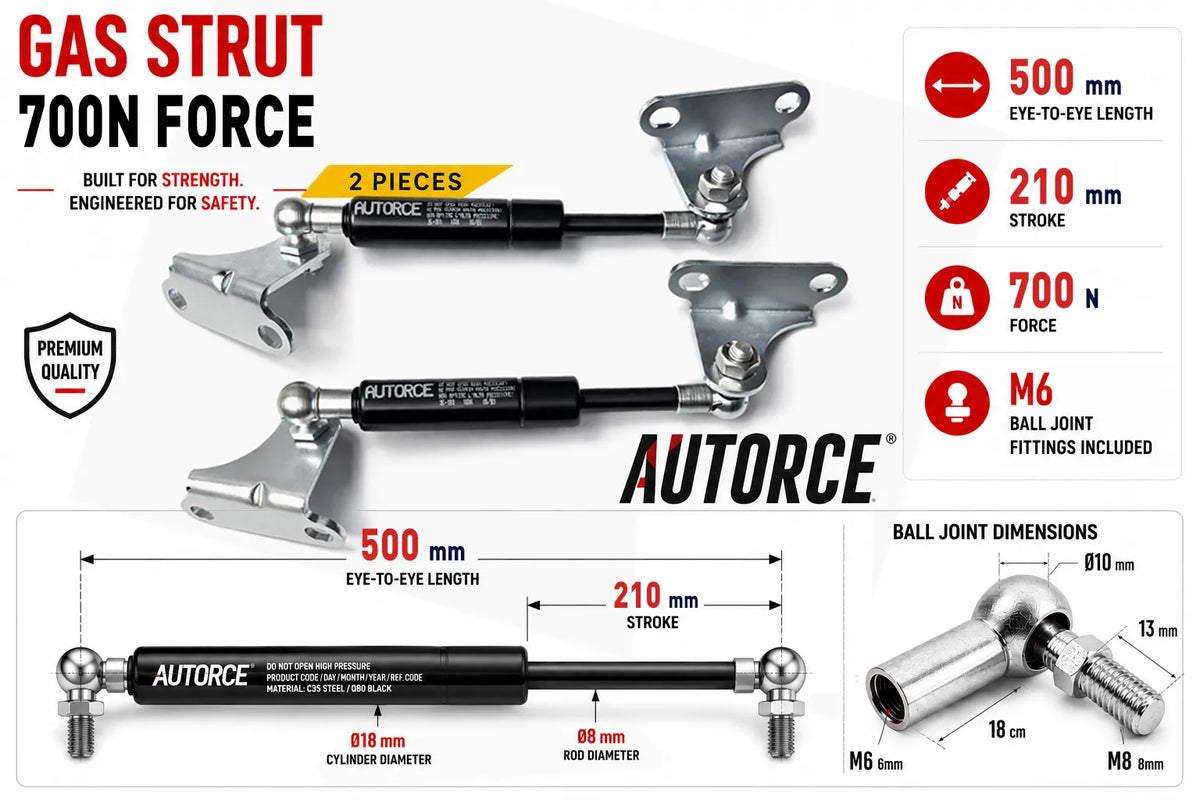 AUTORCE 700N M6 Ball Joint With Bracket Gas Spring Pair with 500mm Open Length for Reliable Lift Support