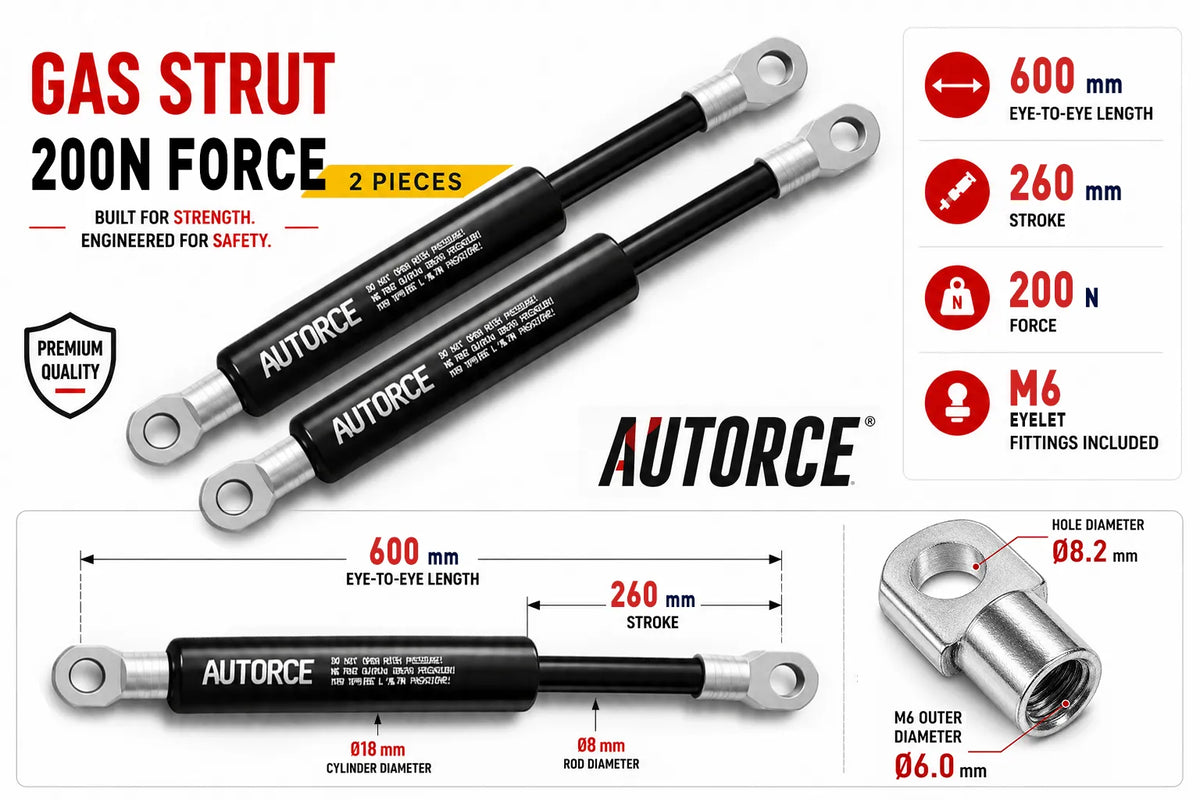 AUTORCE 200N M6 Eyelet Gas Spring Pair with 600mm Open Length for Reliable Lift Support