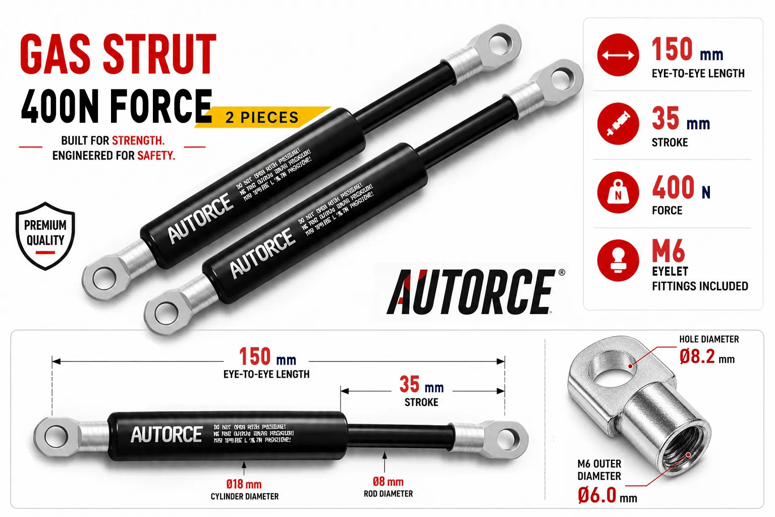 AUTORCE 400N M6 Eyelet Gas Spring Pair with 150mm Open Length for Reliable Lift Support