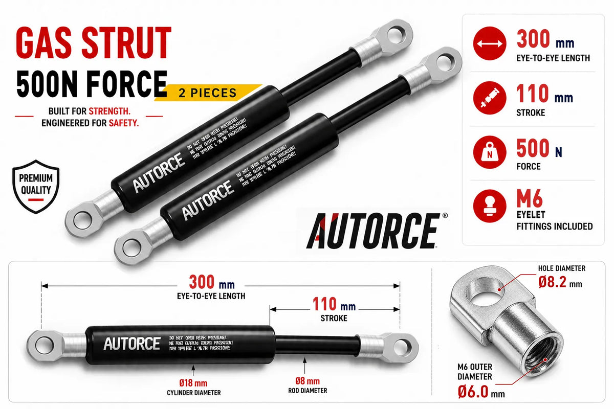 AUTORCE 500N M6 Eyelet Gas Spring Pair with 300mm Open Length for Reliable Lift Support