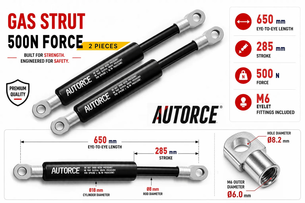 AUTORCE 500N M6 Eyelet Gas Spring Pair with 650mm Open Length for Reliable Lift Support