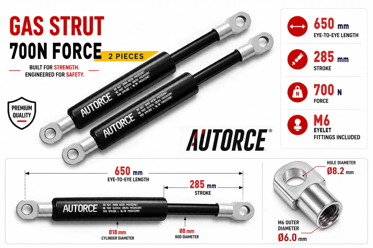 AUTORCE 700N M6 Eyelet Gas Spring Pair with 650mm Open Length for Reliable Lift Support