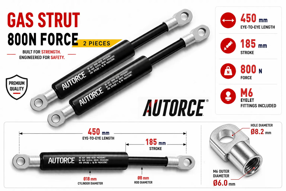 AUTORCE 800N M6 Eyelet Gas Spring Pair with 450mm Open Length for Reliable Lift Support