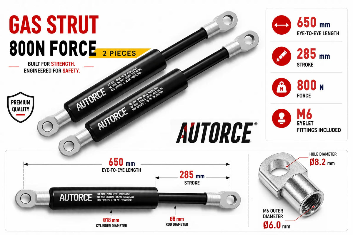 AUTORCE 800N M6 Eyelet Gas Spring Pair with 650mm Open Length for Reliable Lift Support