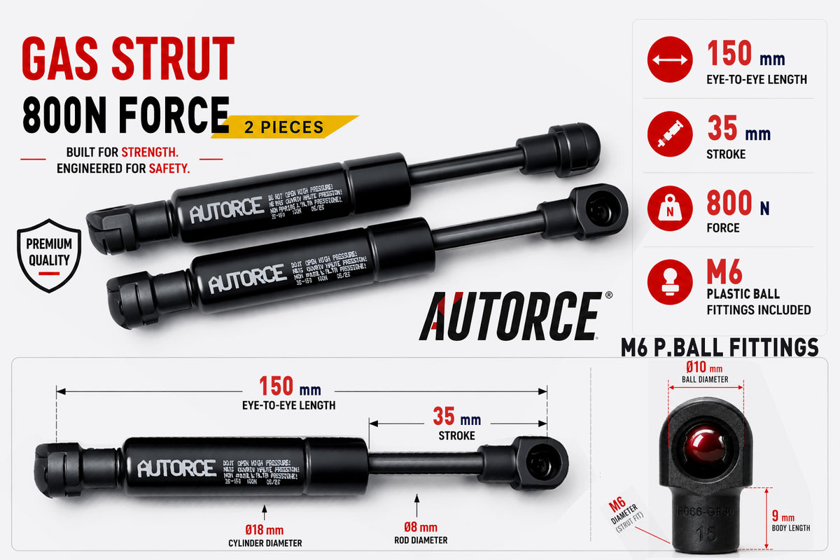 AUTORCE 800N M6 Plastic Ball Gas Spring Pair with 150mm Open Length for Reliable Lift Support