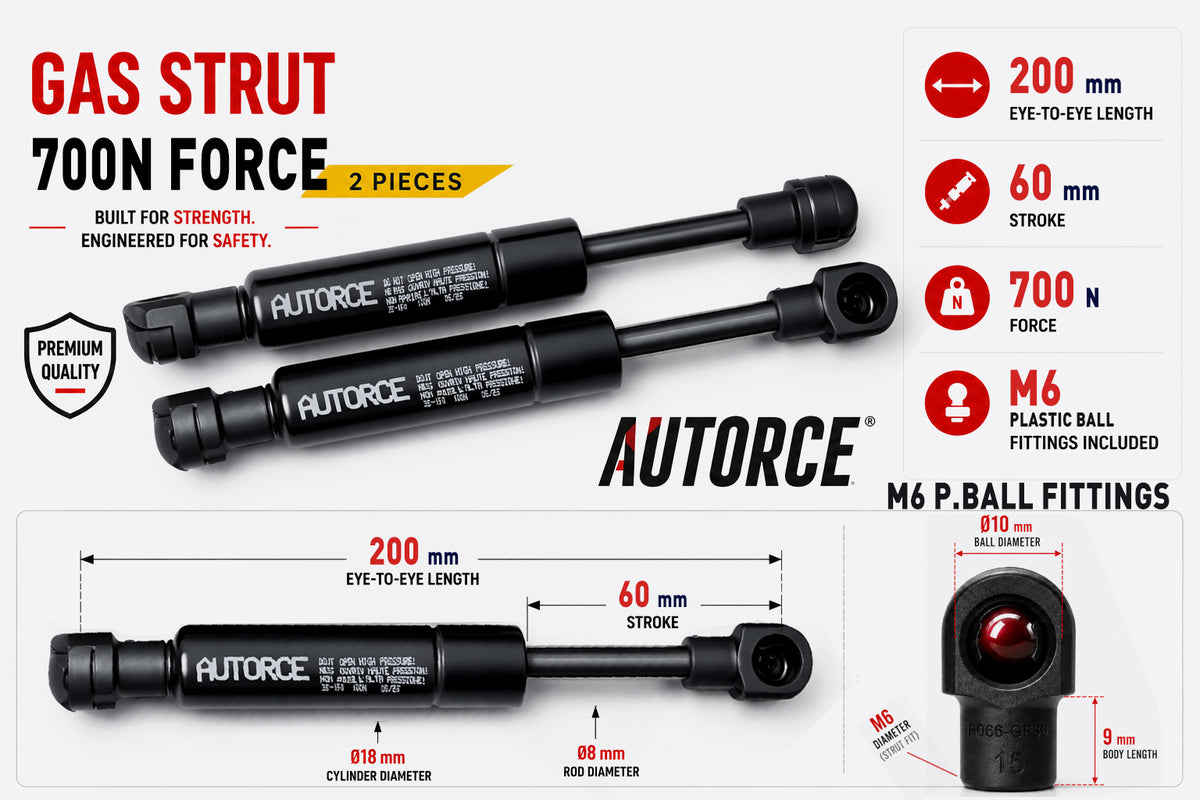 AUTORCE 700N M6 Plastic Ball Gas Spring Pair with 200mm Open Length for Reliable Lift Support