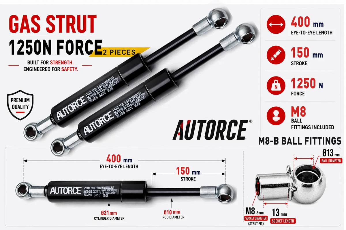 AUTORCE 1250N M8-B Ball Gas Spring Pair with 400mm Open Length for Reliable Lift Support