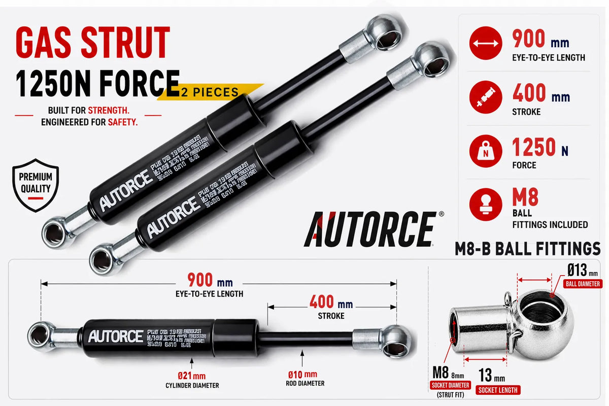 AUTORCE 1250N M8-B Ball Gas Spring Pair with 900mm Open Length for Reliable Lift Support