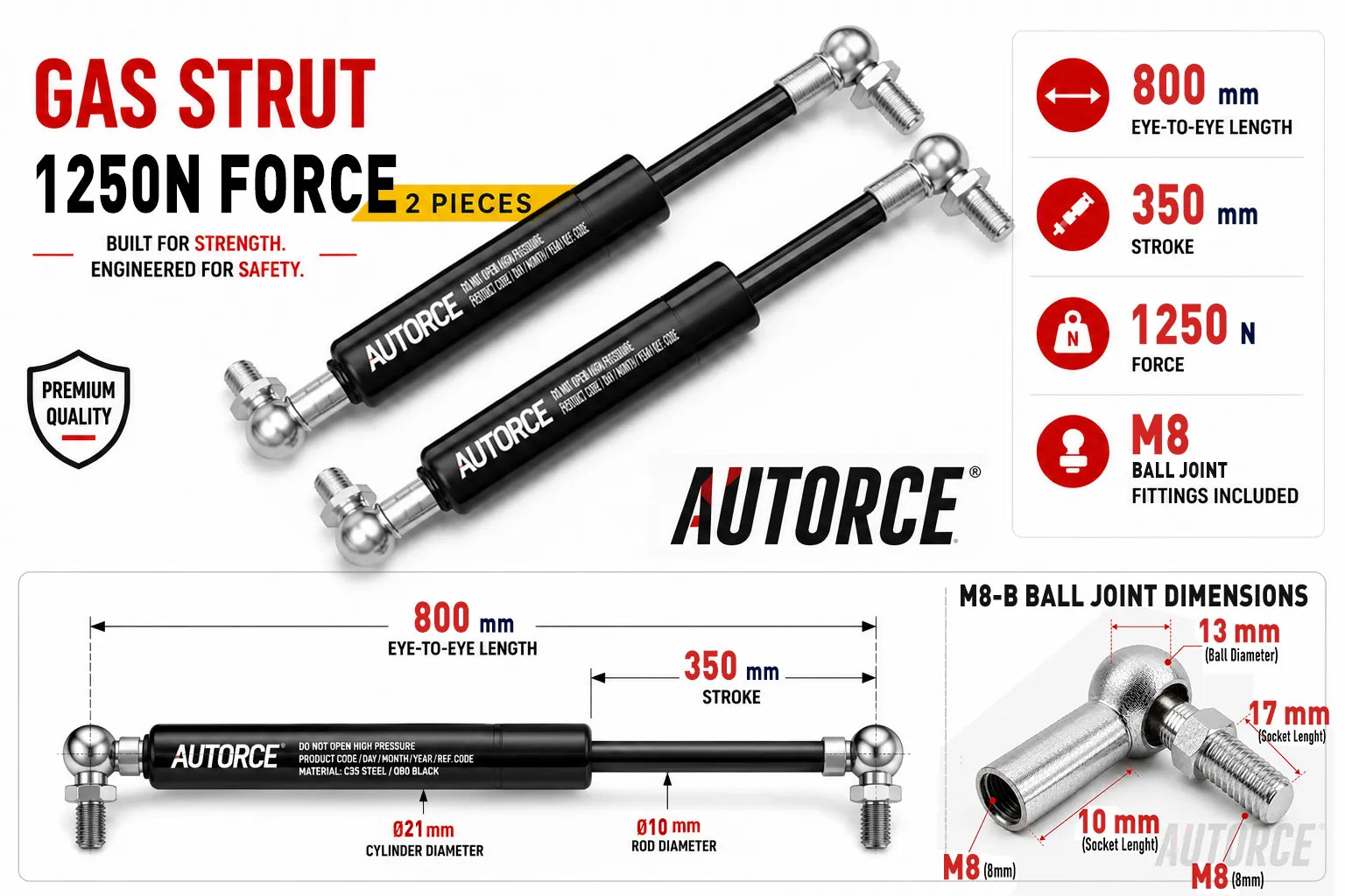 AUTORCE 1250N M8-B Ball Joint Gas Spring Pair with 800mm Open Length for Reliable Lift Support