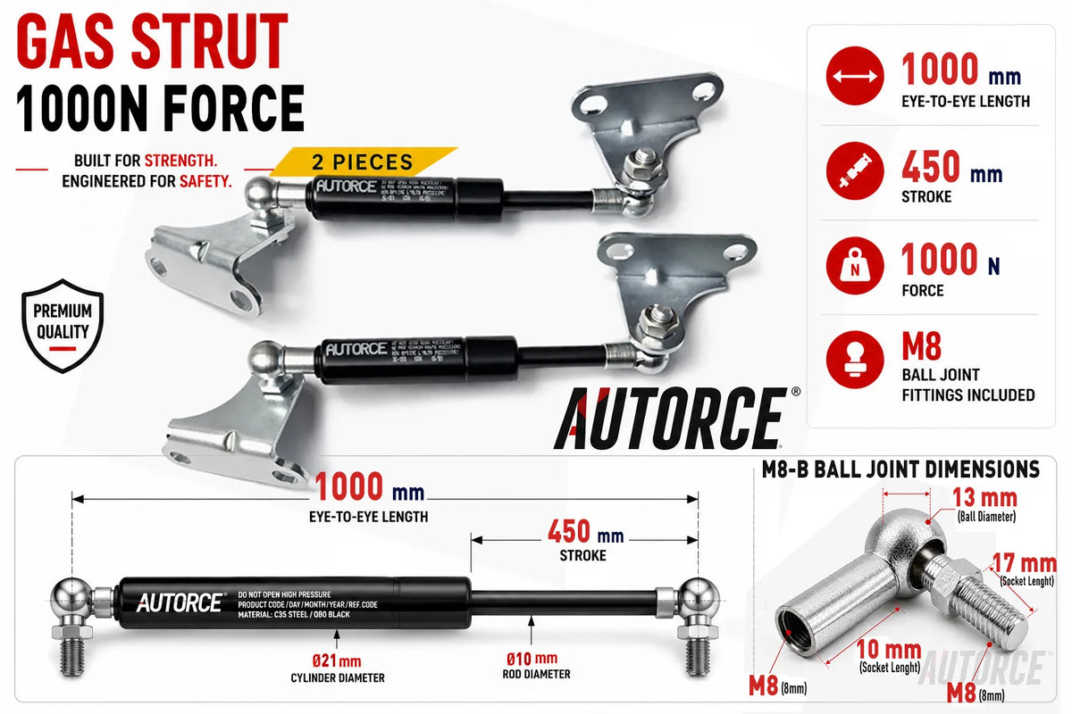 AUTORCE 1000N M8 B Ball Joint With Bracket Gas Spring Pair with 1000mm Open Length for Reliable Lift Support