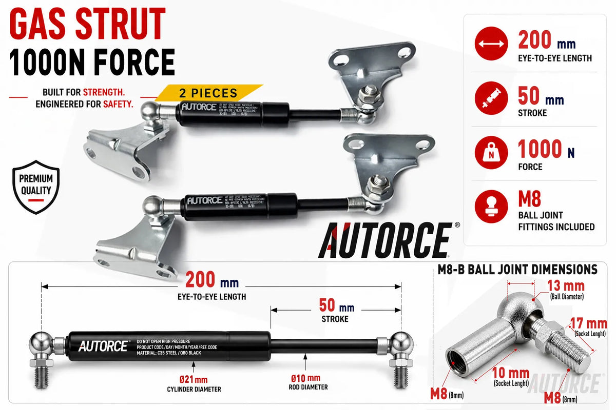 AUTORCE 1000N M8 B Ball Joint With Bracket Gas Spring Pair with 200mm Open Length for Reliable Lift Support