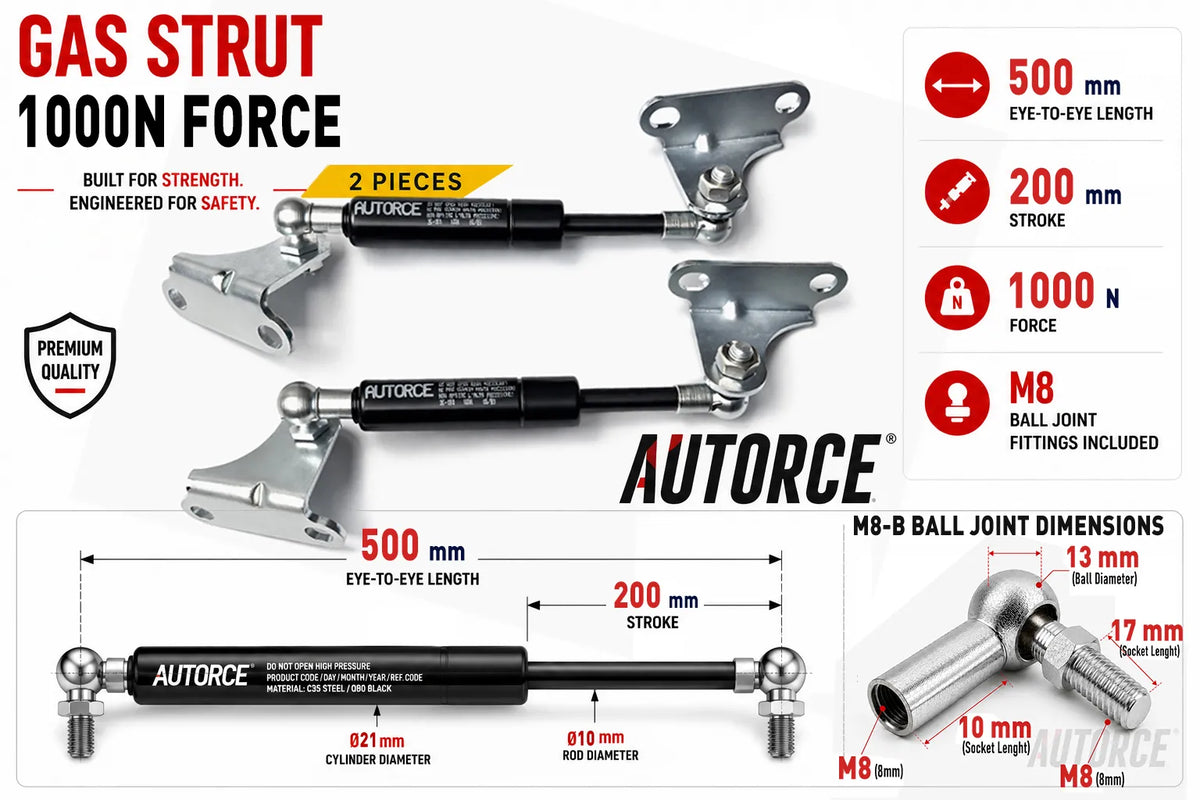 AUTORCE 1000N M8 B Ball Joint With Bracket Gas Spring Pair with 500mm Open Length for Reliable Lift Support