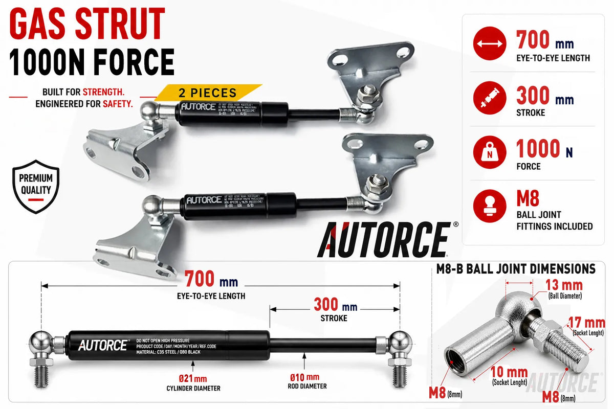 AUTORCE 1000N M8 B Ball Joint With Bracket Gas Spring Pair with 700mm Open Length for Reliable Lift Support
