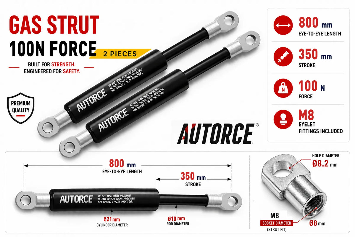 AUTORCE 100N M8 Eyelet Gas Spring Pair with 800mm Open Length for Reliable Lift Support