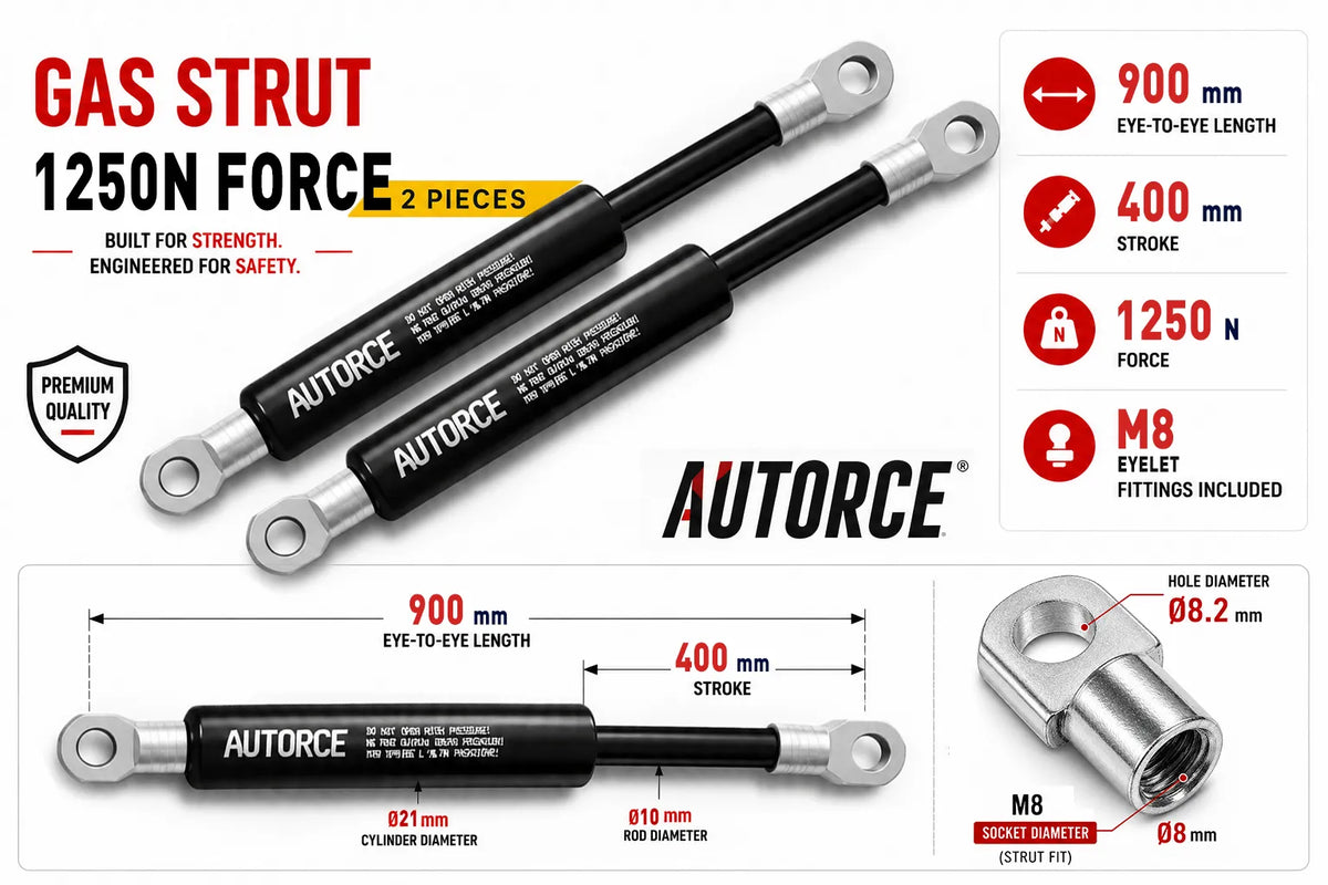 AUTORCE 1250N M8 Eyelet Gas Spring Pair with 900mm Open Length for Reliable Lift Support