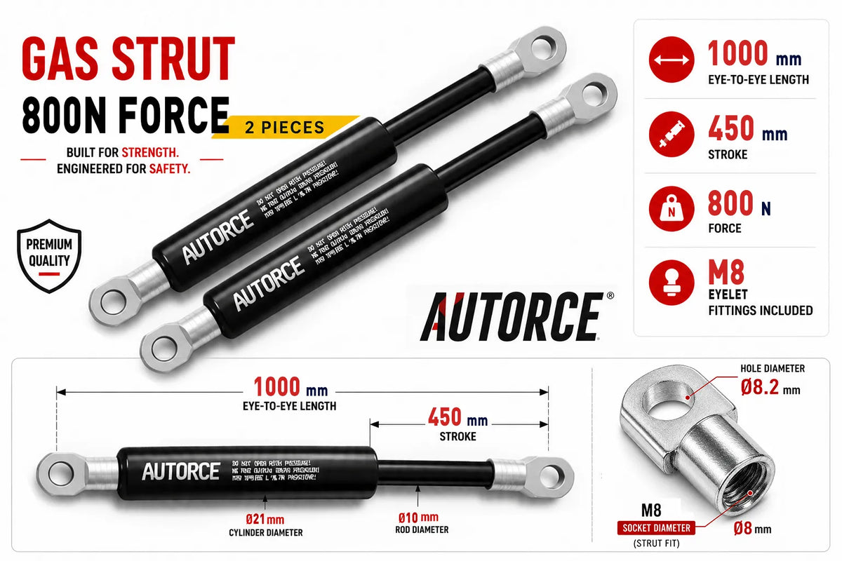 AUTORCE 800N M8 Eyelet Gas Spring Pair with 1000mm Open Length for Reliable Lift Support
