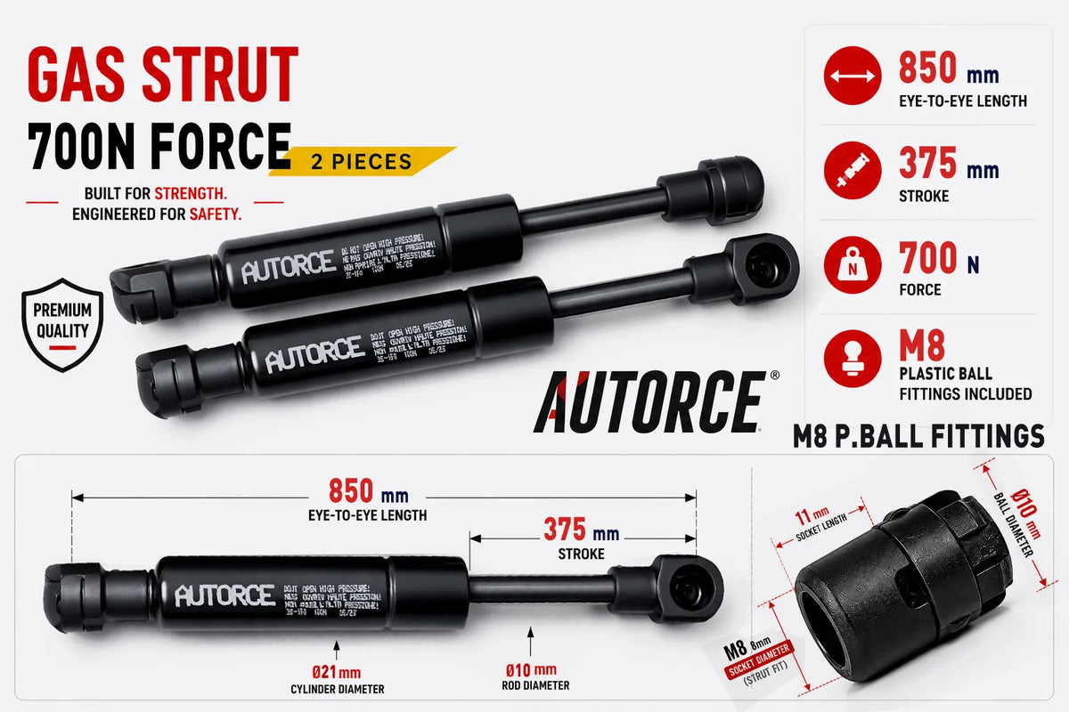 AUTORCE 700N M8 Plastic Ball Gas Spring Pair with 850mm Open Length for Reliable Lift Support