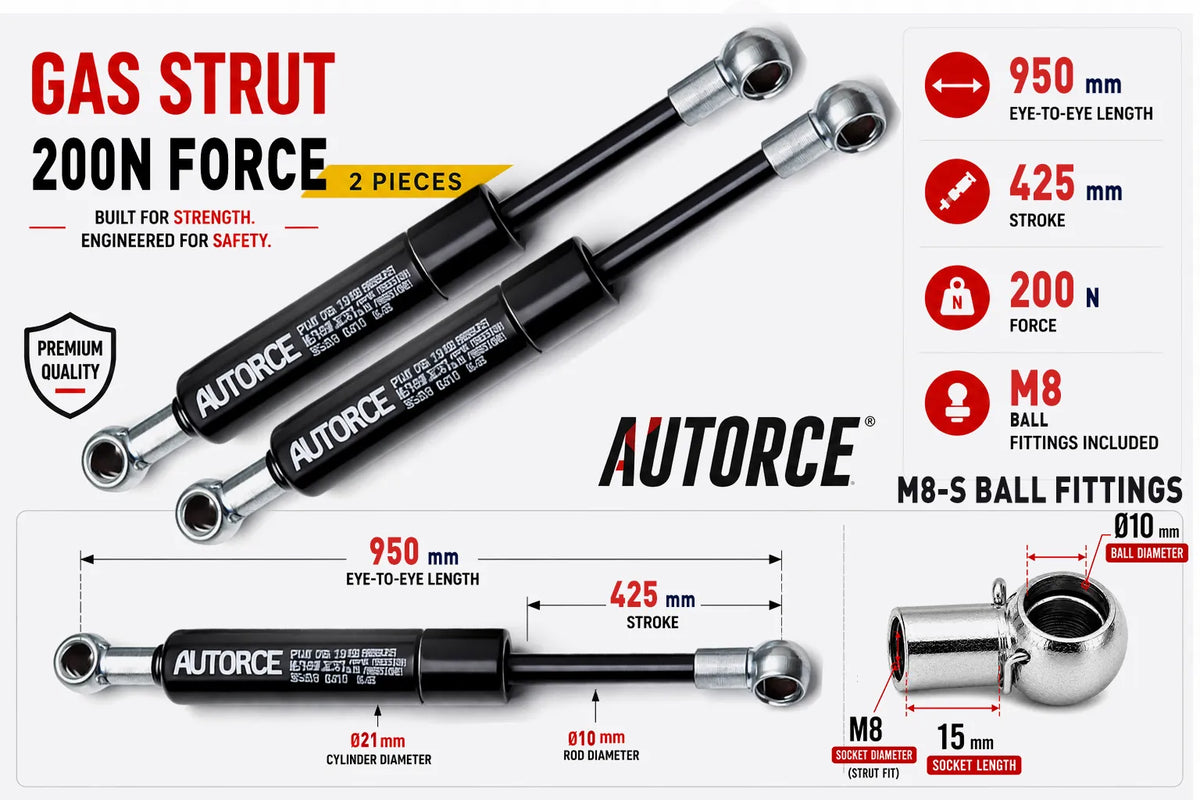 AUTORCE 200N M8 S Ball Gas Spring Pair with 950mm Open Length for Reliable Lift Support