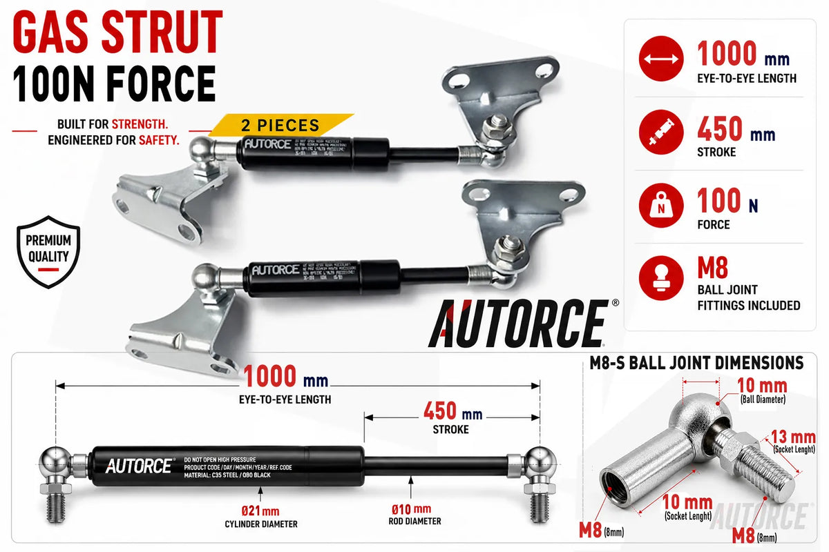 AUTORCE 100N M8 S Ball Joint With Bracket Gas Spring Pair with 1000mm Open Length for Reliable Lift Support