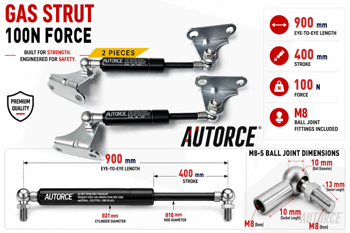 AUTORCE 100N M8 S Ball Joint With Bracket Gas Spring Pair with 900mm Open Length for Reliable Lift Support