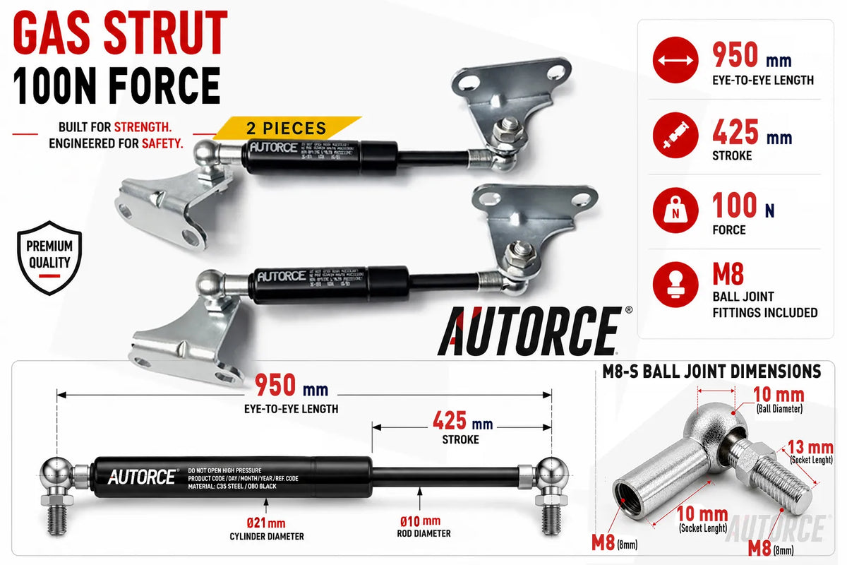 AUTORCE 100N M8 S Ball Joint With Bracket Gas Spring Pair with 950mm Open Length for Reliable Lift Support