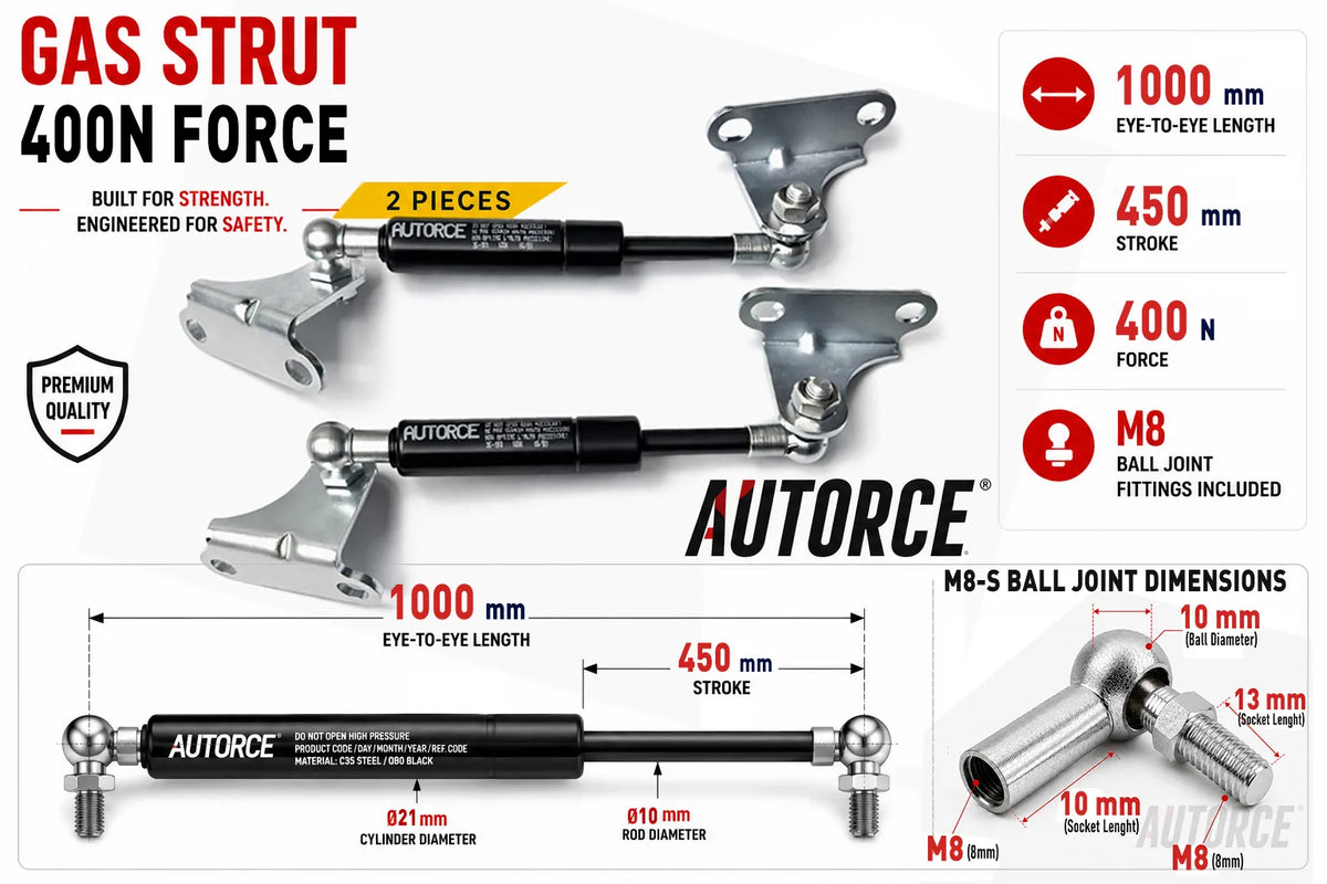 AUTORCE 400N M8 S Ball Joint With Bracket Gas Spring Pair with 1000mm Open Length for Reliable Lift Support