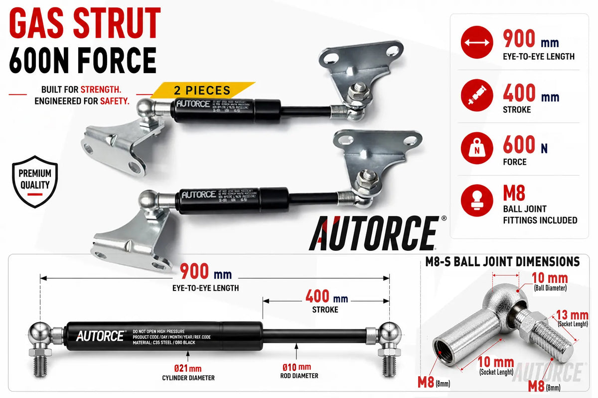 AUTORCE 600N M8 S Ball Joint With Bracket Gas Spring Pair with 900mm Open Length for Reliable Lift Support
