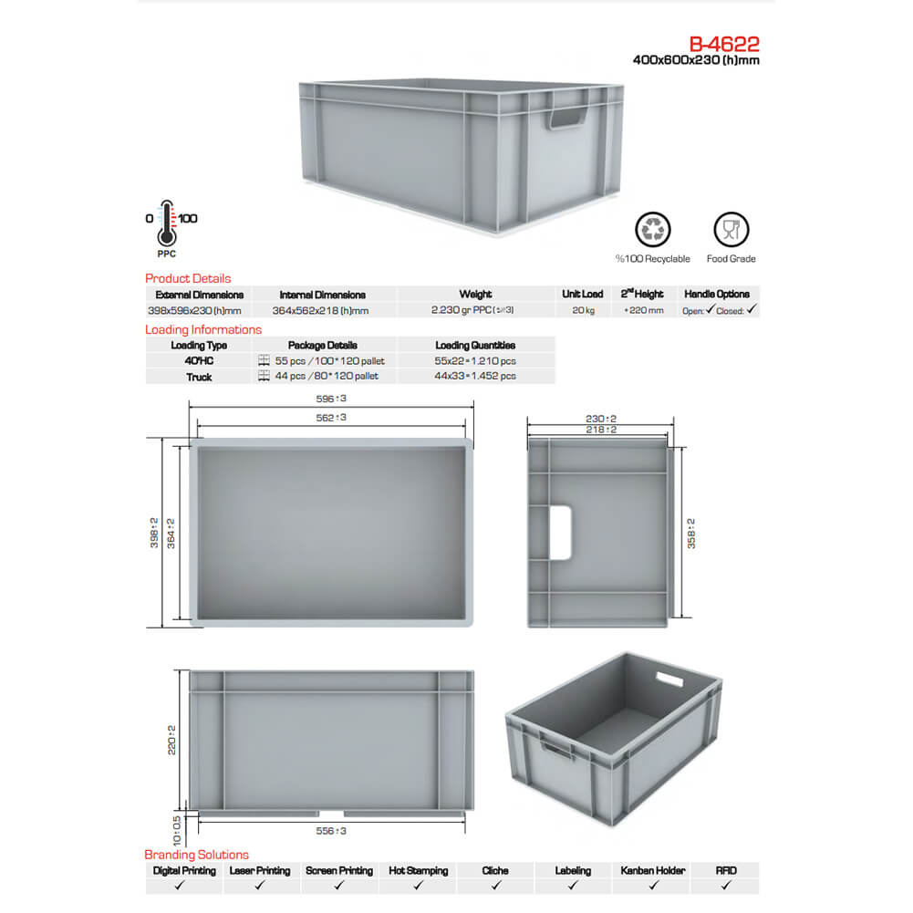 Euro Stacking Industrial Plastic Storage Boxes - Heavy Duty Container Crate Box