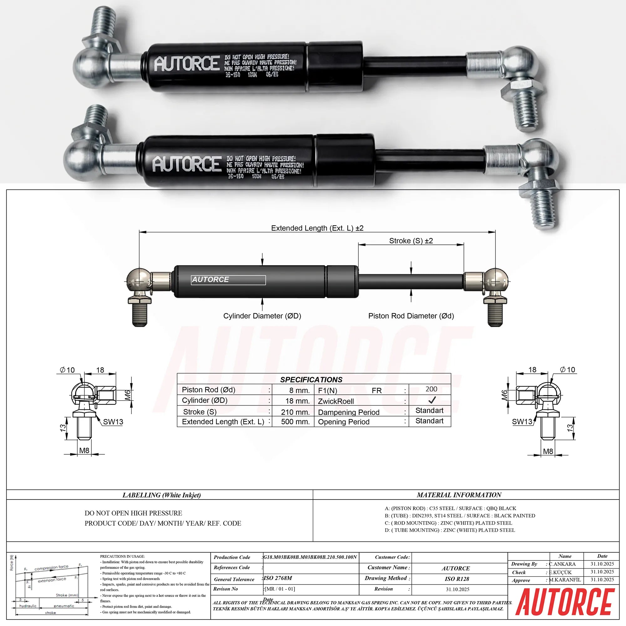 Technical drawing of AUTORCE 200N 500mm gas strut showing stroke, diameter and mounting sizes