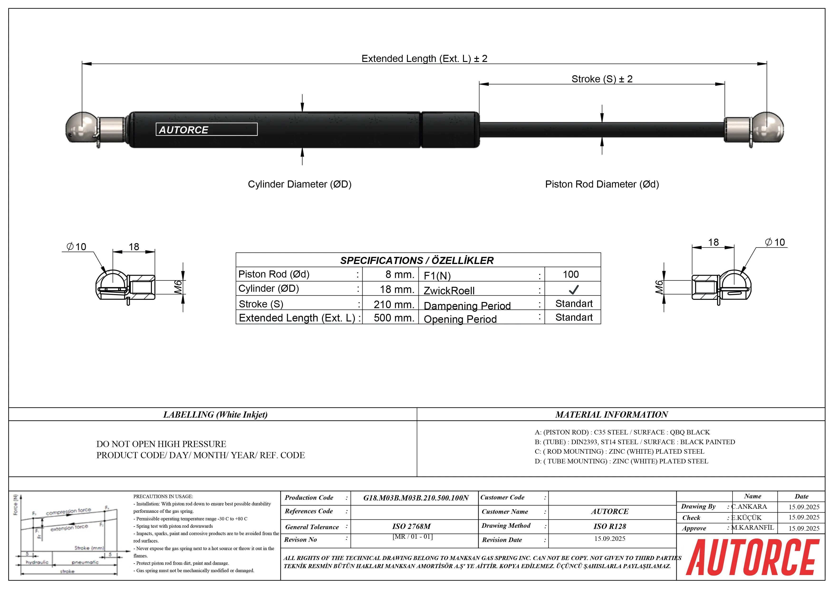 Gas strut pair with M6 ball head fittings – ideal replacement lift supports for car boot and industrial use.