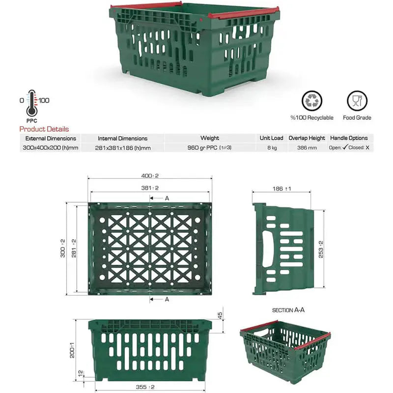 20L Bale Arm Crate 300x400x200mm – Heavy-Duty Storage Box -  Green