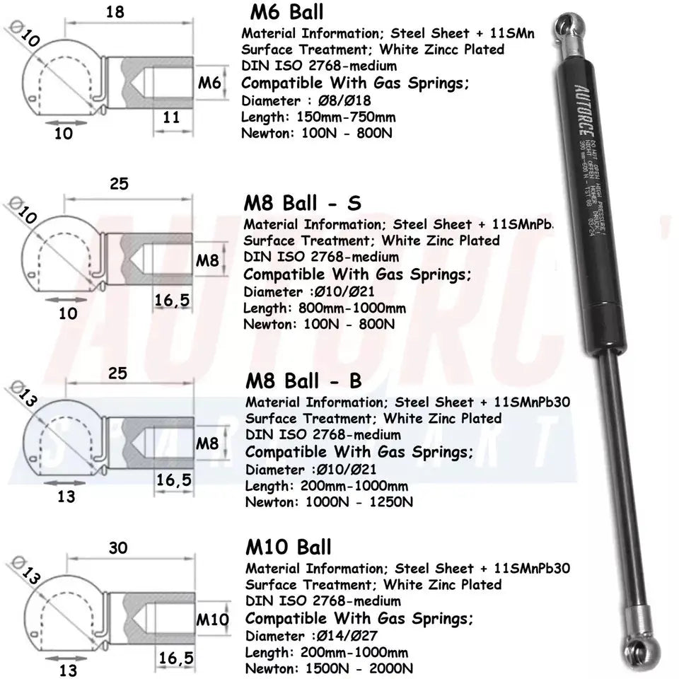 4 Piece Set of M6 M8 M10 Ball Heads for Gas Struts End Fittings, Boot Bonnet or Universal Gas Lift Ball Heads