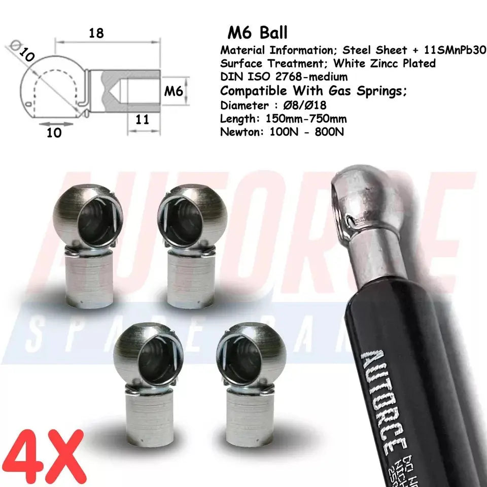 4 Piece Set of M6 M8 M10 Ball Heads for Gas Struts End Fittings, Boot Bonnet or Universal Gas Lift Ball Heads